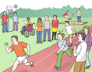 Menschen laufen gemeinsam auf einem Sportfest